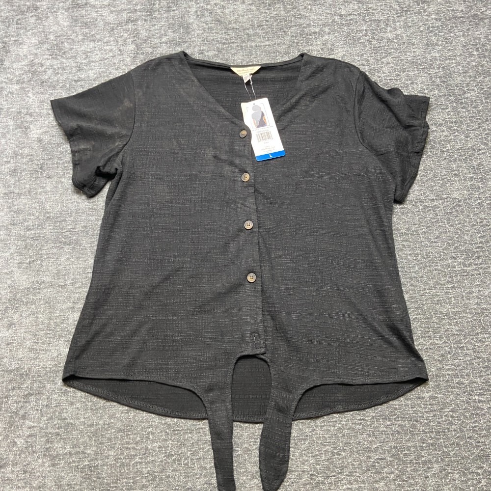 Weatherproof Vintage Tie Front Top Womens L Black V Neck Short Sleeve Button Up